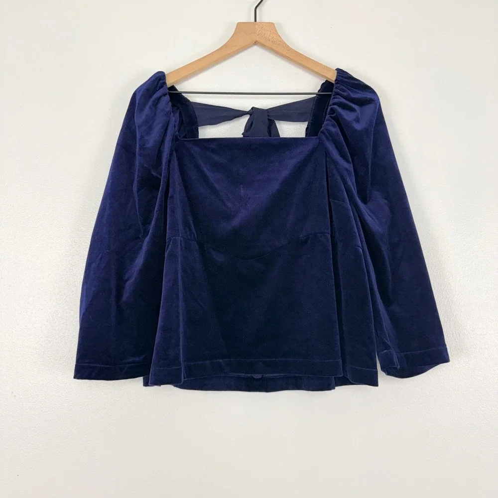 Banana Republic Velvet Top Womens L Navy Blue Puff Sleeve Bow Back Square Neck